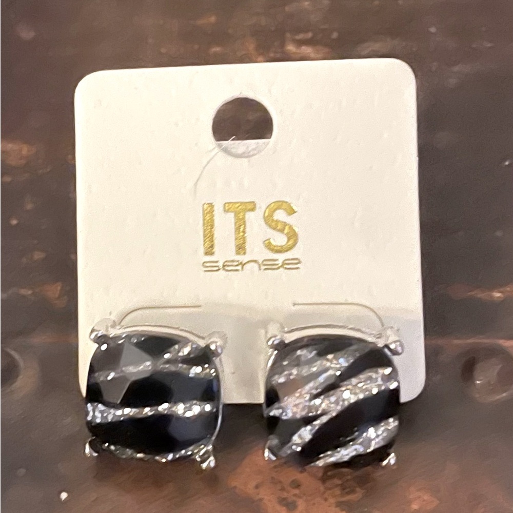 ITS Sense Black and Silver Zebra Striped Post Style Earrings